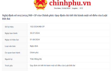 Nghị định số 102/2024/NĐ-CP của Chính phủ: Quy định chi tiết thi hành một số điều của Luật Đất đai