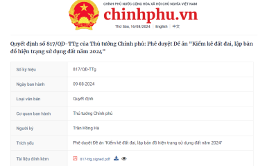 ​​​​​​​Quyết định số 817/QĐ-TTg của Thủ tướng Chính phủ: Phê duyệt Đề án "Kiểm kê đất đai, lập bản đồ hiện trạng sử dụng đất năm 2024"