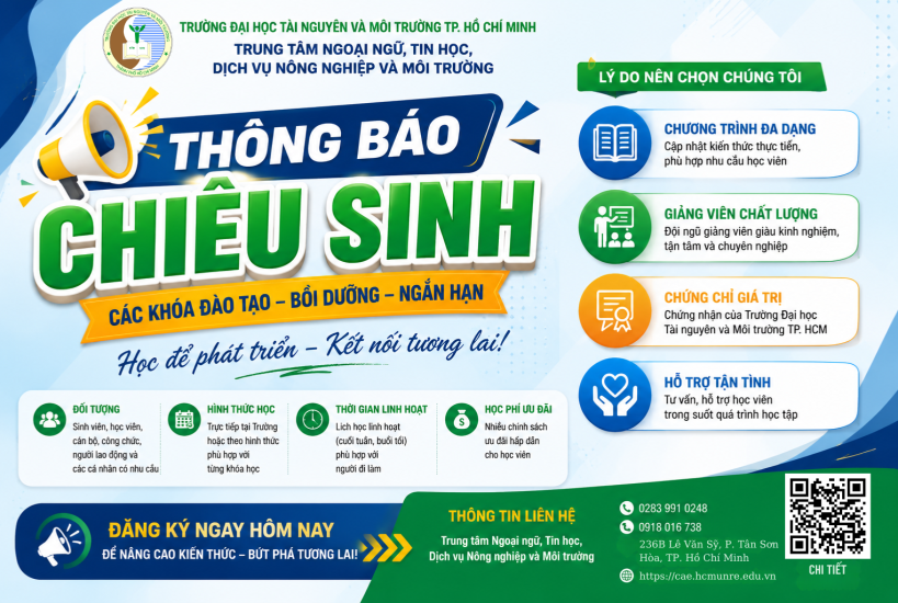 chiêu sinh các khoá đào tạo về bồi dưỡng xử lý nước thải công nghiệp sinh hoạt và y tế; Tập huấn công tác phòng ngừa và ứng phó sự cố môi trường tại các bệnh viện, trung tâm y tế.